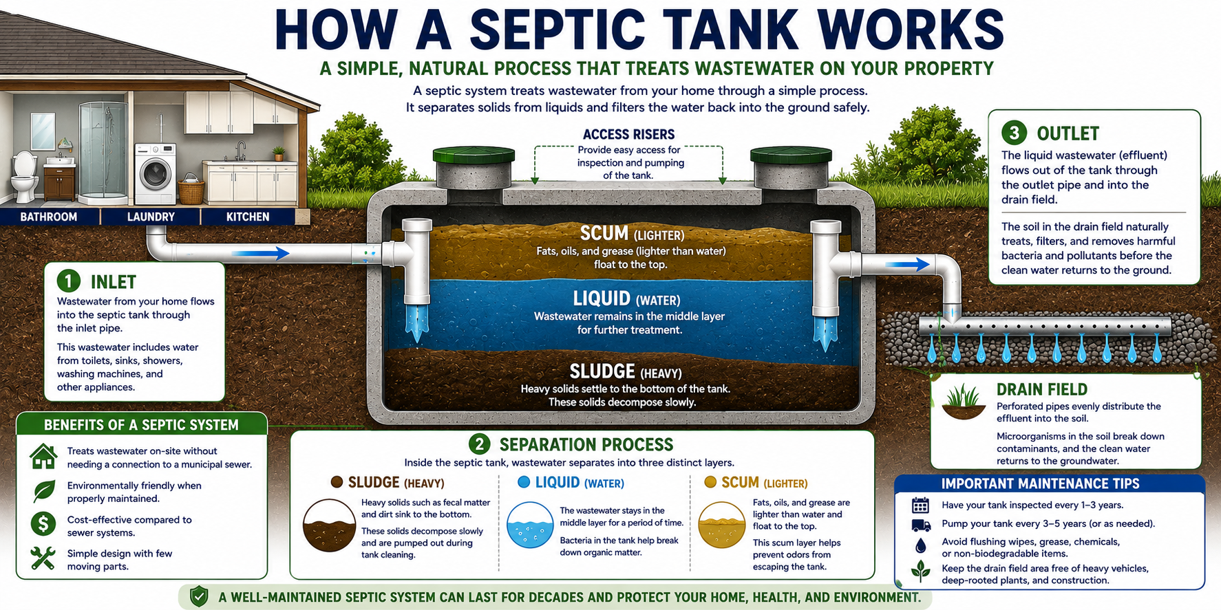 Diagram showing how a septic tank works: wastewater enters through the inlet, separates into scum, liquid, and sludge layers inside the tank, and treated effluent exits through the outlet to the drain field